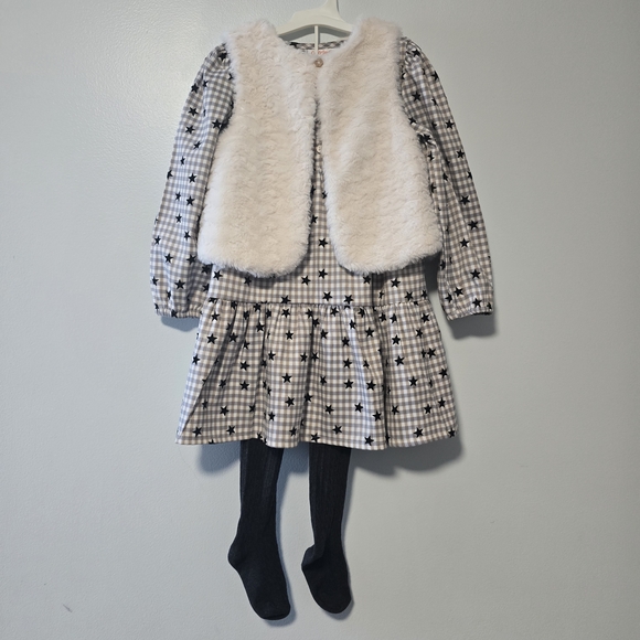 Cat & Jack Gray and White Checkered Star Print 3-Pc Dress, Vest, Tights Size 5T - Picture 2 of 15